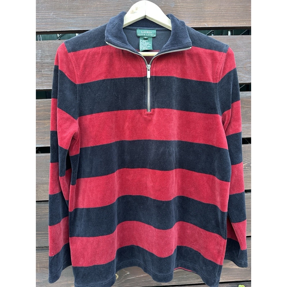 Vtg Ralph Lauren Velour Half Zip Striped Shirt Size M